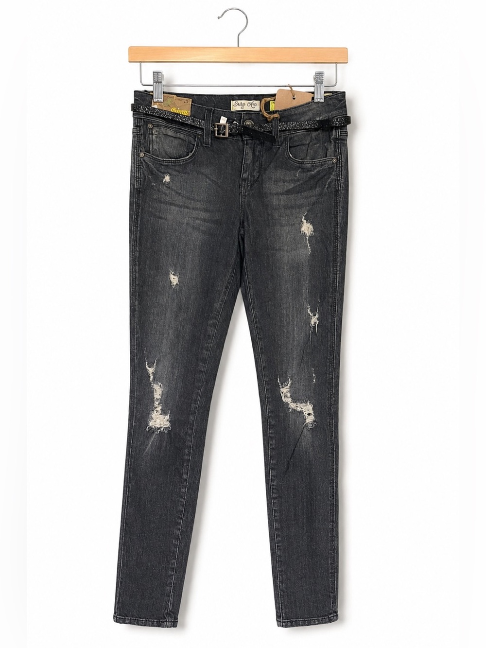 Indigo Rein Juniors Black Distressed Skinny Jeans Size 5 NWT Glitter Belt